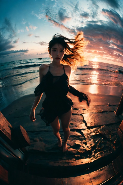  1girl, fisheye, selfie, full body, wind, messy hair, sunset, beach, (aesthetics and atmosphere:1.2),behisheroine