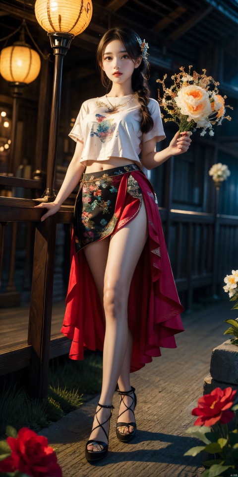  (Masterpiece, Top Quality, Best Quality, Official Art, Beauty and Aesthetics: 1.2), (1 Girl), Full Body Photo, Extreme Detail, (Fractal Art: 1.3), Colorful, Flowers, Highest Detail, Glow, Skirt, Shirt, Thighs, zycpp,