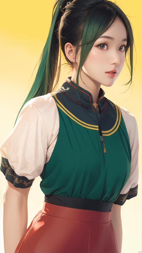  illustrator, anime, realistic, 1girl, lip,White horse-face skirt,order, Yellow gradient background, green hair, Textured crop, Canadian, (masterpiece, best quality),Close-up of the upper body, high ponytail, sexy figure.