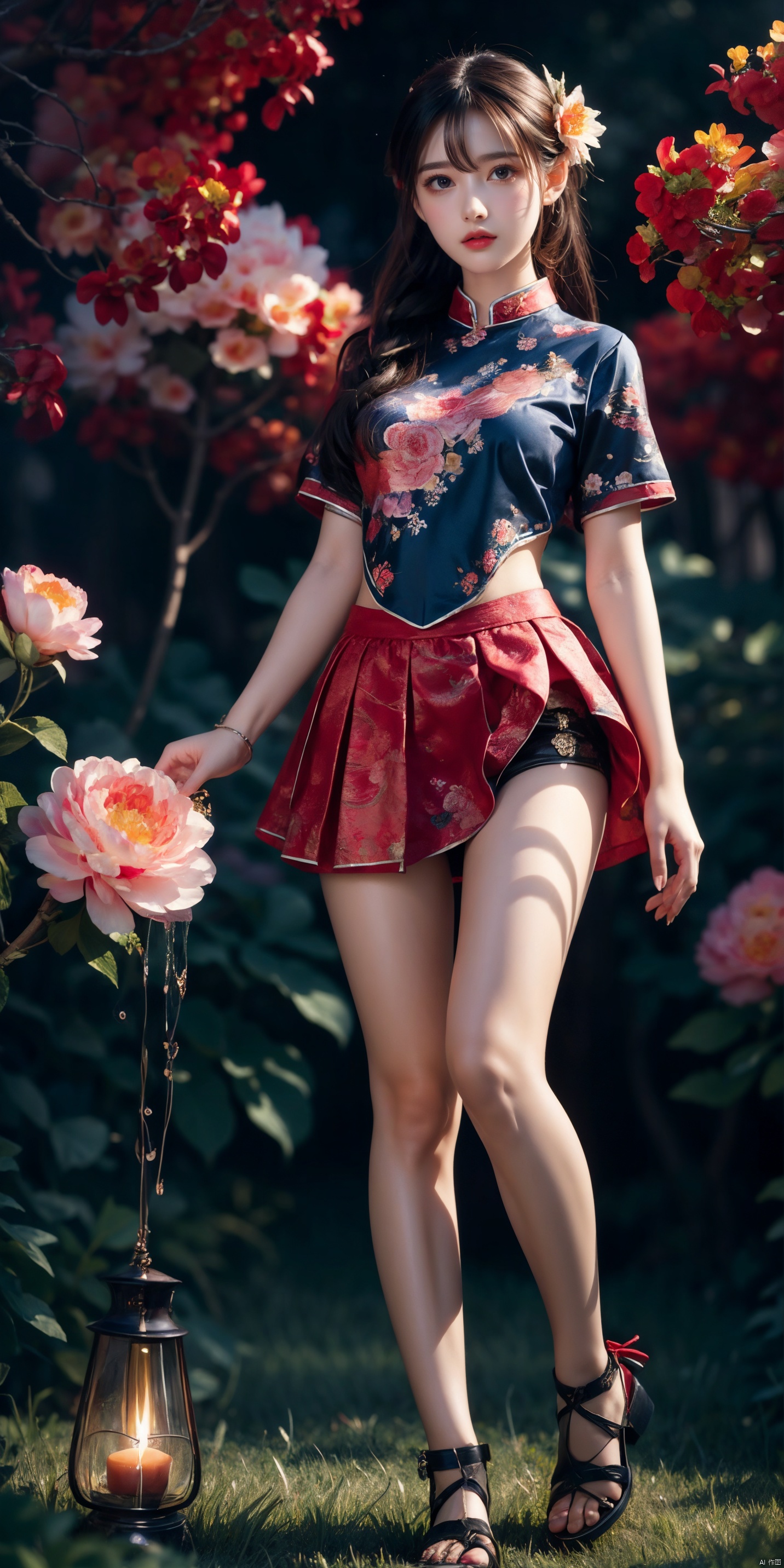  (Masterpiece, Top Quality, Best Quality, Official Art, Beauty and Aesthetics: 1.2), (1 Girl), Full Body Photo, Extreme Detail, (Fractal Art: 1.3), Colorful, Flowers, Highest Detail, Glow, Skirt, Shirt, Thighs, zycpp,