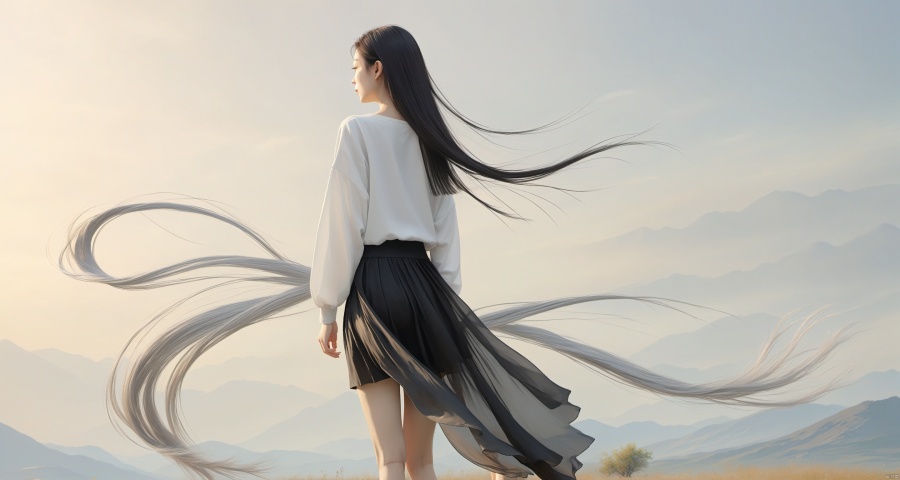  1gir, Back view, black skirt, sliver long hair with wind flow