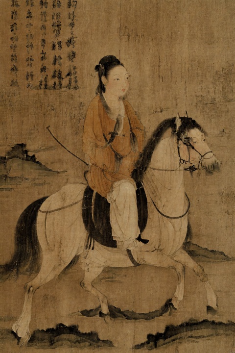  black hair, multiboys, female focus,The Tang Dynasty played polo, riding, brown horse, fine art parody, horseback riding,hills in the background, traditional chinese ink painting, Diwang