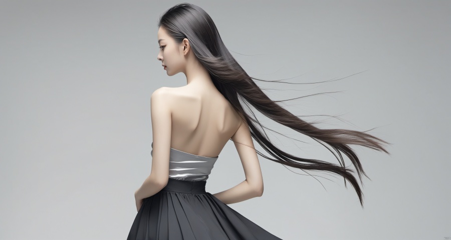  1gir, Back view, black skirt, sliver long hair with wind flow