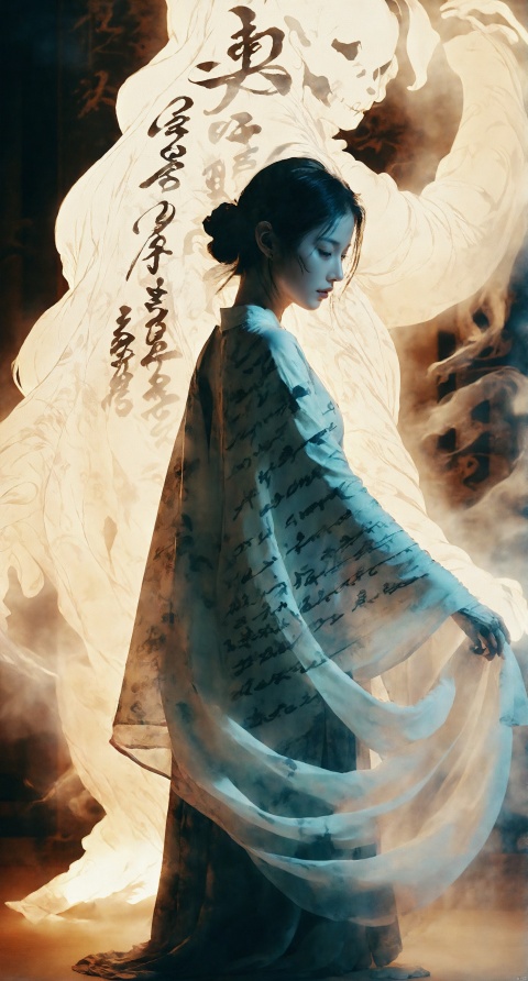  Double Exposure Style,Volumetric Lighting,a girl with Wrap top,arching her back,Traditional Attire,Artistic Calligraphy and Ink,light depth,dramatic atmospheric lighting,Volumetric Lighting,double image ghost effect,image combination,double exposure style,