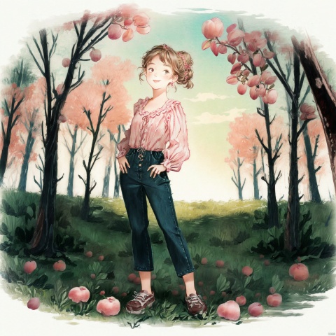  HDR photo of young girl with a messy top bun, light brunette hair, wearing a slightly unbuttoned blouse, smiling at the viewer, holding a peach, standing in an orchard of peach trees,full body, High dynamic range, vivid, rich details, clear shadows and highlights, realistic, intense, enhanced contrast, highly detailed, jijianchahua,sufei, childpaiting