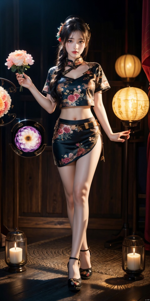  (Masterpiece, Top Quality, Best Quality, Official Art, Beauty and Aesthetics: 1.2), (1 Girl), Full Body Photo, Extreme Detail, (Fractal Art: 1.3), Colorful, Flowers, Highest Detail, Glow, Skirt, Shirt, Thighs, zycpp,