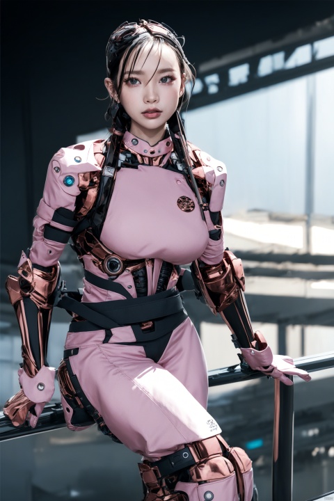  Cockpit interior,Delicate-looking female robot sitting on railing, silver-gray long hair, close-up of face, pink blush, lightning badge on chest, extra-long belt, creating a futuristic urban street scene, 1 girl, mecha girl,Chromium, Metal handmade,（Copper wire：1.2）,Transistor, disc, digital display, mongolian_style,hair ornament