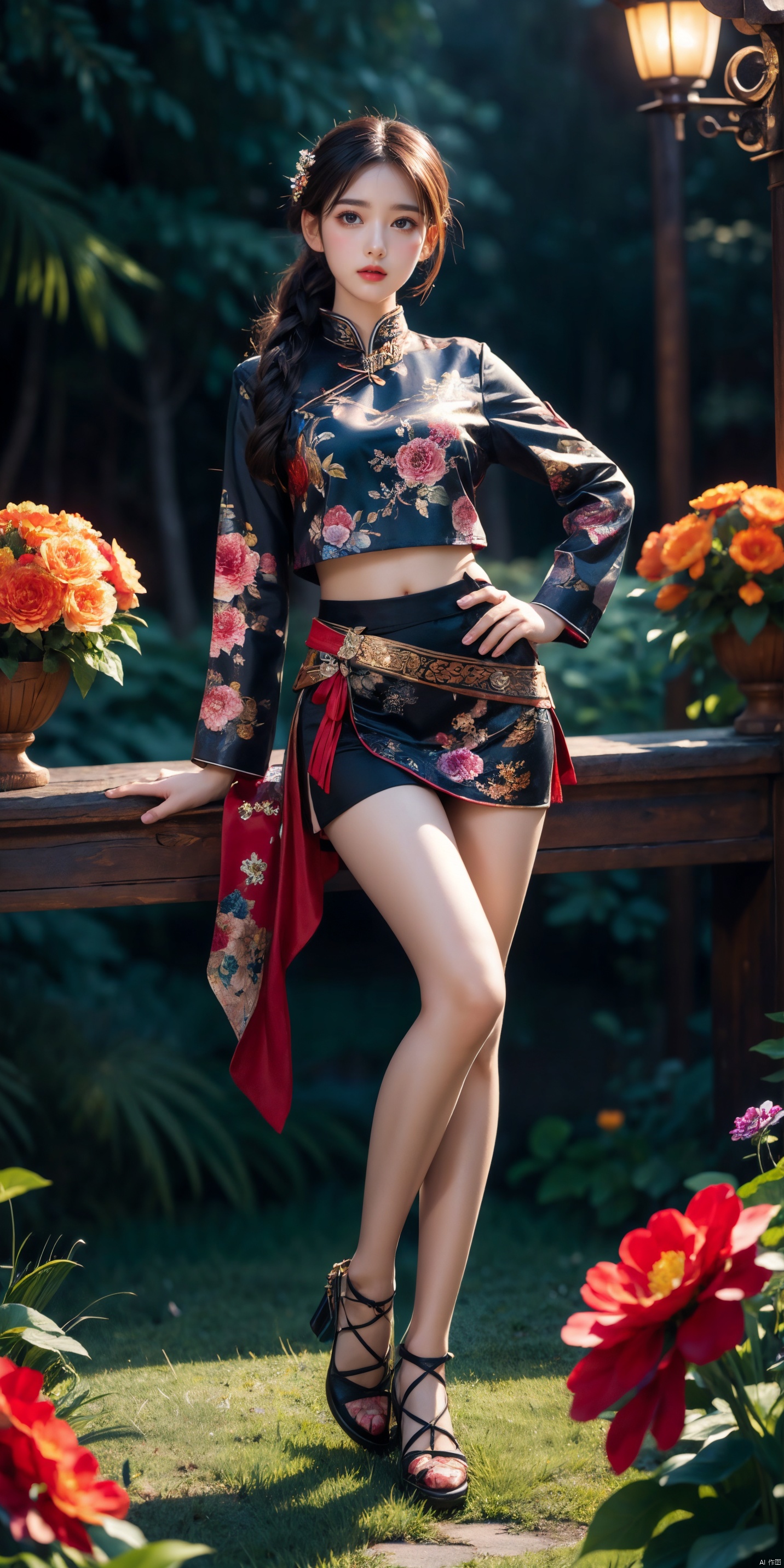  (Masterpiece, Top Quality, Best Quality, Official Art, Beauty and Aesthetics: 1.2), (1 Girl), Full Body Photo, Extreme Detail, (Fractal Art: 1.3), Colorful, Flowers, Highest Detail, Glow, Skirt, Shirt, Thighs, zycpp,