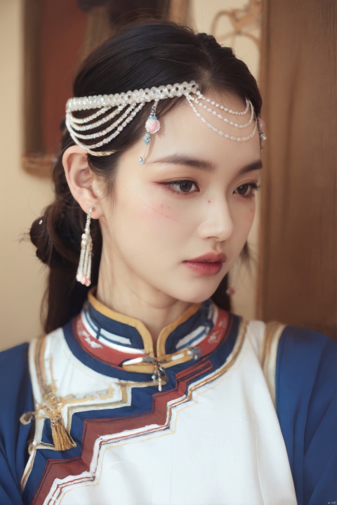  High definition image quality, ultra high details, solo_older_female,sweet,strong,watercolor,see through clothes,cropped_head,mongolian_style, hair ornament,