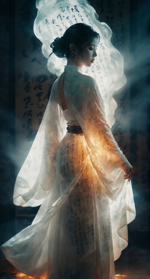  Double Exposure Style,Volumetric Lighting,a girl with Wrap top,arching her back,Traditional Attire,Artistic Calligraphy and Ink,light depth,dramatic atmospheric lighting,Volumetric Lighting,double image ghost effect,image combination,double exposure style,