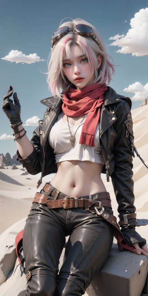  GY,1girl,leather,leather jacket,solo,scarf,multicolored hair,jacket,gloves,goggles,pink hair,looking at viewer,blue eyes,goggles on head,black jacket,streaked hair,fingerless gloves,short hair,black gloves,white hair,red hair,boots,thigh boots,belt,pants,jacket,green pants,ahoge,scarf,midriff,sky,outdoors,day,desert,cloud,scenery,sand,rock,tree,mountain,(sitting:1.3),, (raw photo:1.2),((photorealistic:1.4))best quality,masterpiece,illustration,an extremely delicate and beautiful,extremely detailed,CG,unity,8k wallpaper,Amazing,finely detail,masterpiece,best quality,official art,extremely detailed CG unity 8k wallpaper,absurdres,incredibly absurdres,huge filesize,ultra-detailed,highres,extremely detailed,beautiful detailed girl,cinematic lighting,1girl,pale skin,tall female,(perfect body shape),skinny body,Slender legs,