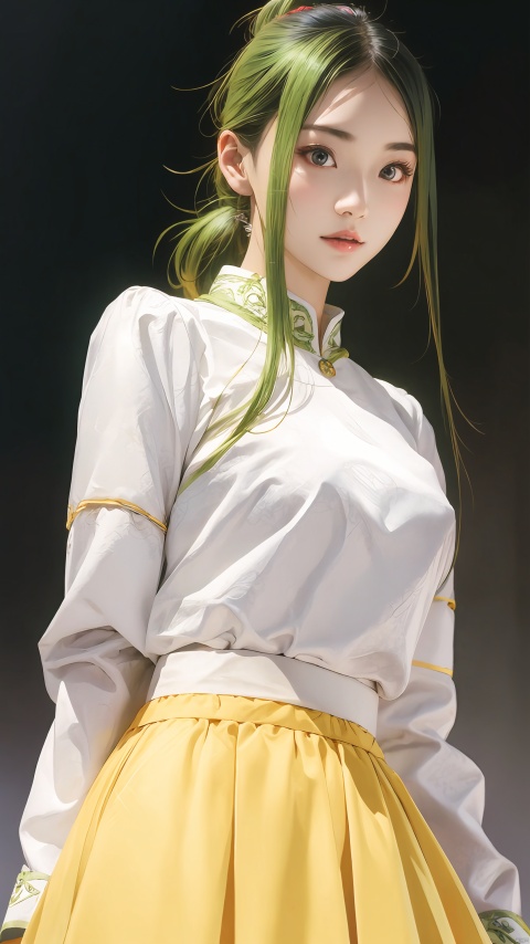  illustrator, anime, realistic, 1girl, lip,White horse-face skirt,order, Yellow gradient background, green hair, Textured crop, Canadian, (masterpiece, best quality),Close-up of the upper body, high ponytail, sexy figure.