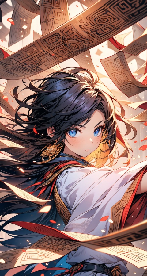  (Low angle shooting, ultra wide angle shooting), a girl from ancient China stands in the air, surrounded by golden runes, black hair, long hair, messy hair, (facial focus), exquisite eyebrows, beautiful facial features, (upper body close-up photo: 1.2), sparkling runes, best image quality, 3D rendering, looking up, ultra wide angle, fish eyes, lens focus, ultra realistic and detailed, high detail texture, Ultra high quality, 16k, fashionable style, random movements