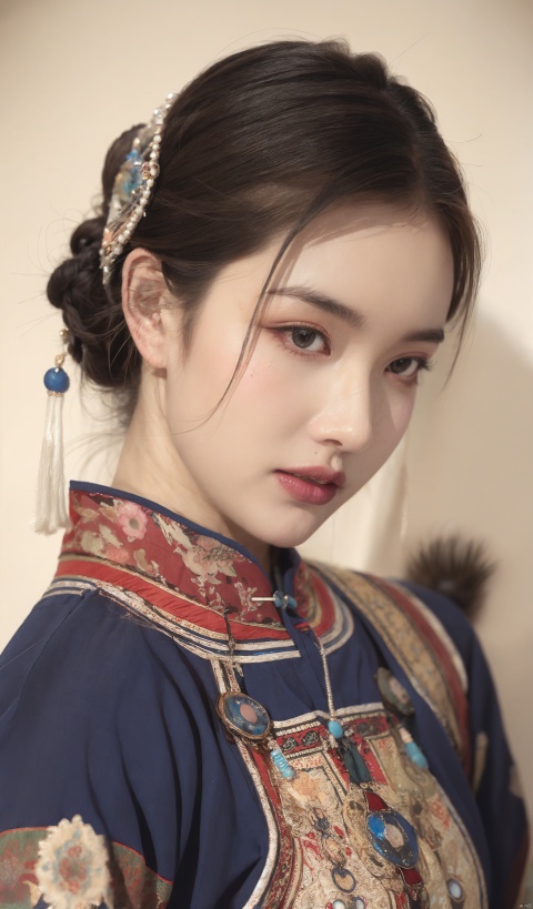  High definition image quality, ultra high details, solo_older_female,sweet,strong,watercolor,see through clothes,cropped_head,mongolian_style, hair ornament,