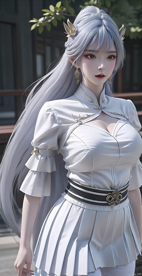  Slightly fat, slim figure, solo, Park, standing, ((white shirt)), ((huge chest)), ((white jk pleated skirt)), thick thighs, ((long white hair)), 1girl, Barbara (influenced by Yuan Xin)