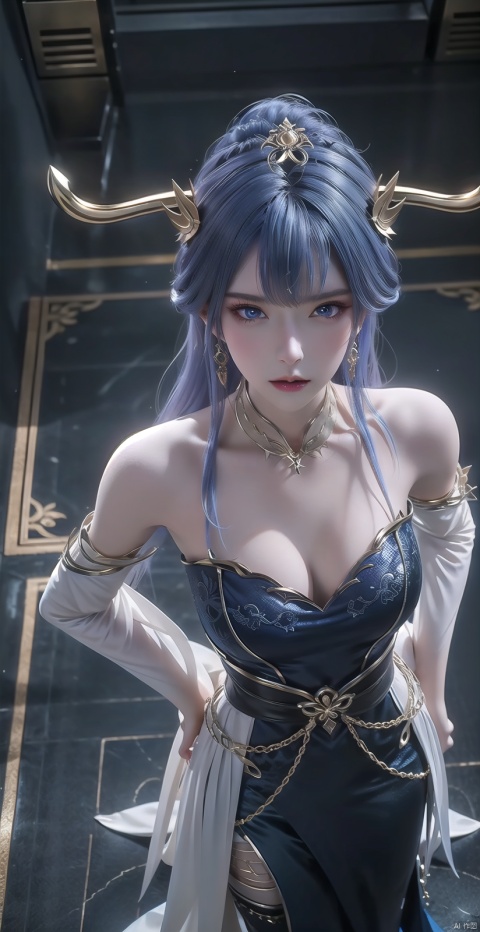 1 girl, solo, long hair, chest, watching the audience, bangs, blue eyes, (big chest), (dress), (cleavage), (bare shoulder), closed mouth, standing, collarbone, whole body, white hair, separated sleeves, horn, socks, lips, hands on hips, ((from above)