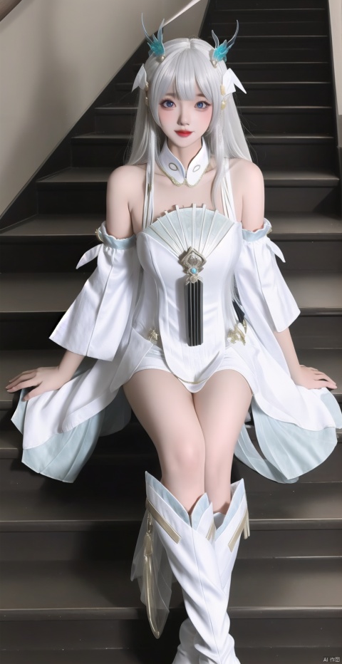 1girl, solo, long hair, looking at viewer, hair ornament, dress, bare shoulders, sitting, white hair, boots, detached sleeves, white dress, stairs
