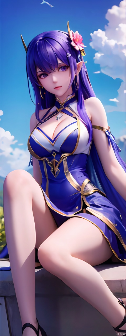 1girl, solo, long hair, breasts, looking at viewer, bangs, hair ornament, dress, cleavage, bare shoulders, jewelry, medium breasts, sitting, full body, purple hair, flower, earrings, outdoors, sky, choker, day, pointy ears, cloud, hair flower, white dress, feet, blue sky, toes, sandals, mountain, tianqiong