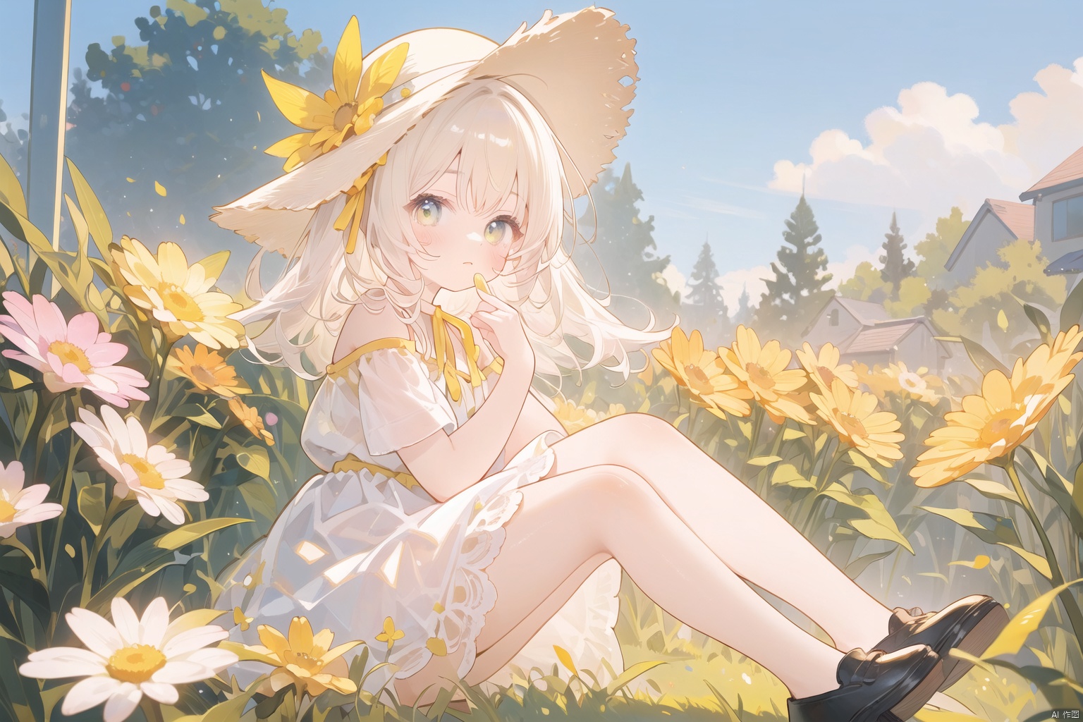  (masterpiece), (best quality), illustration, ultra detailed, hdr, Depth of field, (colorful), petite,loli,1girl, solo, dress, hat, yellow eyes, short hair, food, blonde hair, finger to mouth, flower, looking at viewer, ribbon, cake, shoes, sitting
