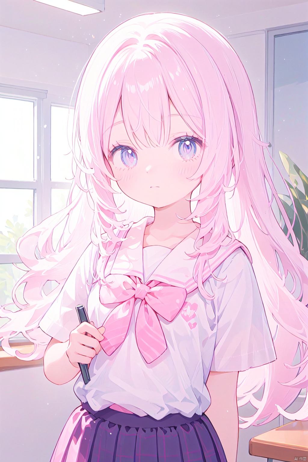 pink hair, pink eyes, wavy hair ,wearing a junior high school uniform from Japan