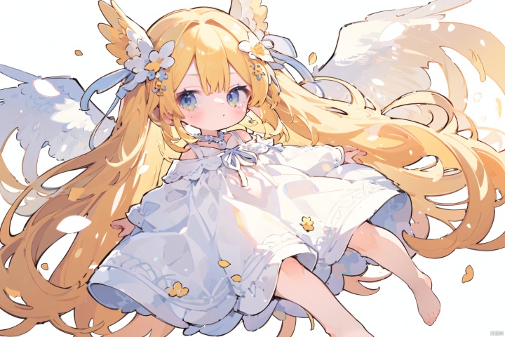  1girl, absurdly_long_hair, angel, angel_wings, barefoot, bird, blonde_hair, dress, feathered_wings, flower, hair_ornament, jewelry, long_hair, looking_at_viewer, solo, very_long_hair, white_dress, wings