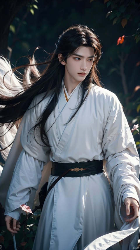 (Excellent Quality), (Vivid Story), medium shot showcasing an 18 year old handsome man with flowing long hair (1.6), clear eyes under long eyelashes, and a handsome image of a Chinese scholar (1.5). The beauty of vitality blooms in the simple and simple white scholar robe (1.4), with the wind blowing at the ends of his hair (1.3). In the backlight, the faint light between the hair strands renders the atmosphere of the story (1.2), medium shot showcasing a tall posture (1.2), with realistic camera movements, slight pushing and shaking, adding a realistic sense of interaction to the space (1.1), making the viewer feel as if they can follow him into the pen. A poetic world., Osborn