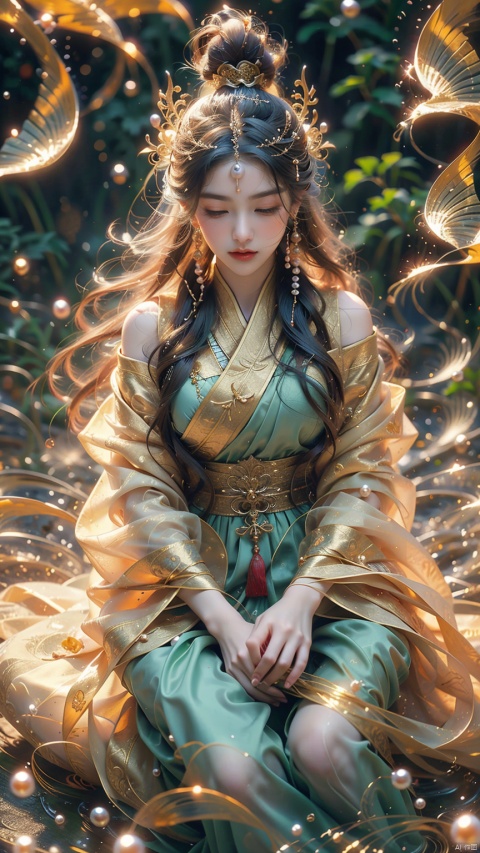 (Masterpiece), (Cinematic Texture), (Profound Artistic Conception), a beautiful ancient style illustration (1.5): In a clear water lake (1.3), a beautiful girl sits quietly underwater (1.6), dressed in gorgeous traditional costumes (1.5), swaying with the flow of the waves, surrounded by colorful koi (1.4), the girl's cloud temples lightly tied (1.2), embellished with various jewelry, gemstones, and pearls (1.1), holding a delicate hairpin (1.2), classical and beautiful (1.3), surrounded by wetlands shrouded in hazy water light, rendering a dreamy East. Aesthetics (1.3) and Chinese aesthetics (1.3) require meticulously crafted jade and stones (1.5) in details, allowing the entire picture to exude a profound storytelling in a smooth narrative like a movie (1.3)., (\yan yu\),hf_xy,流光