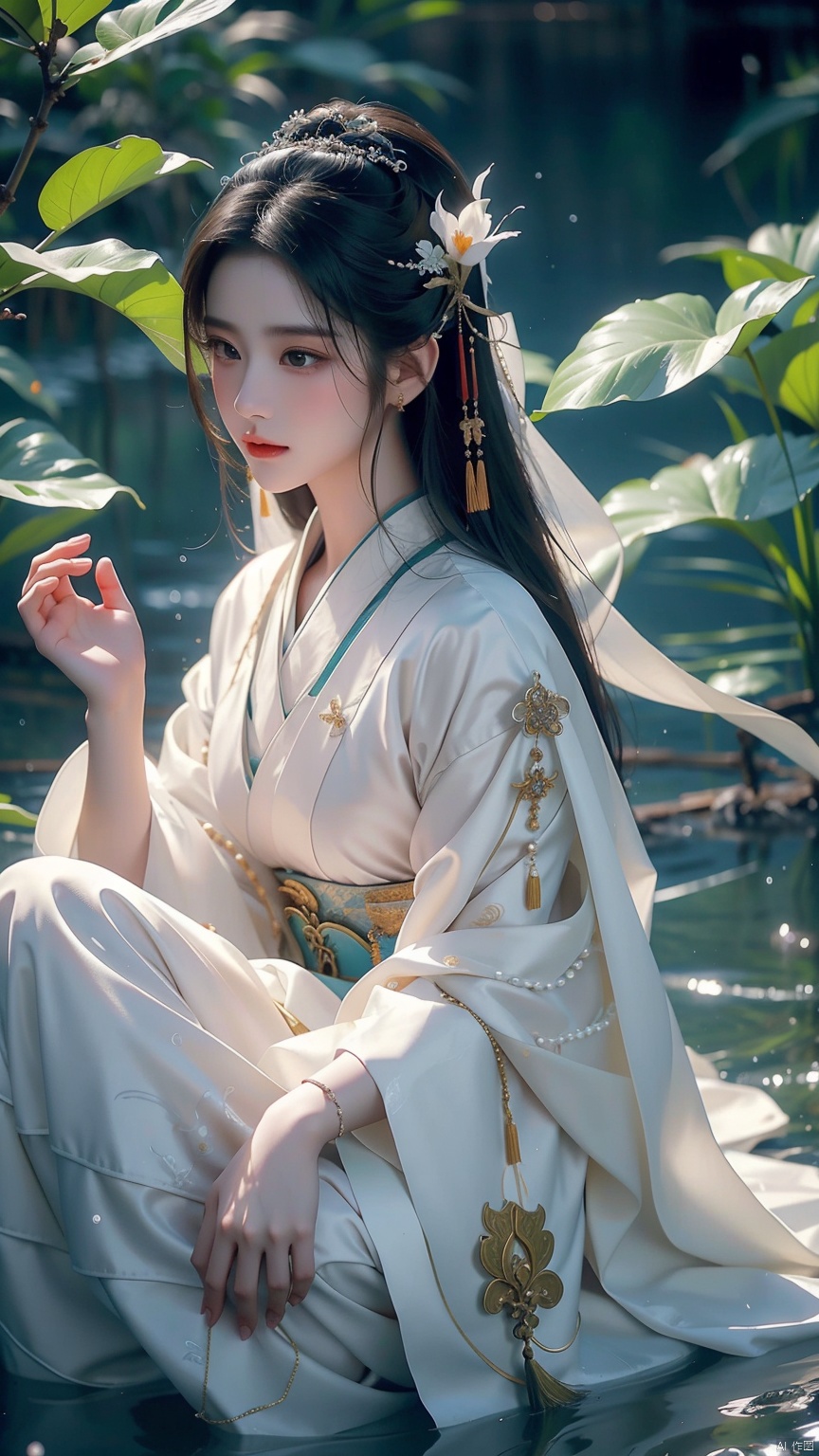 (Masterpiece), (Cinematic Texture), (Profound Artistic Conception), a beautiful ancient style illustration (1.5): In a clear water lake (1.3), a beautiful girl sits quietly underwater (1.6), dressed in gorgeous traditional costumes (1.5), swaying with the flow of the waves, surrounded by colorful koi (1.4), the girl's cloud temples lightly tied (1.2), embellished with various jewelry, gemstones, and pearls (1.1), holding a delicate hairpin (1.2), classical and beautiful (1.3), surrounded by wetlands shrouded in hazy water light, rendering a dreamy East. Aesthetics (1.3) and Chinese aesthetics (1.3) require meticulously crafted jade and stones (1.5) in details, allowing the entire picture to exude a profound storytelling in a smooth narrative like a movie (1.3)., (\yan yu\),hf_xy