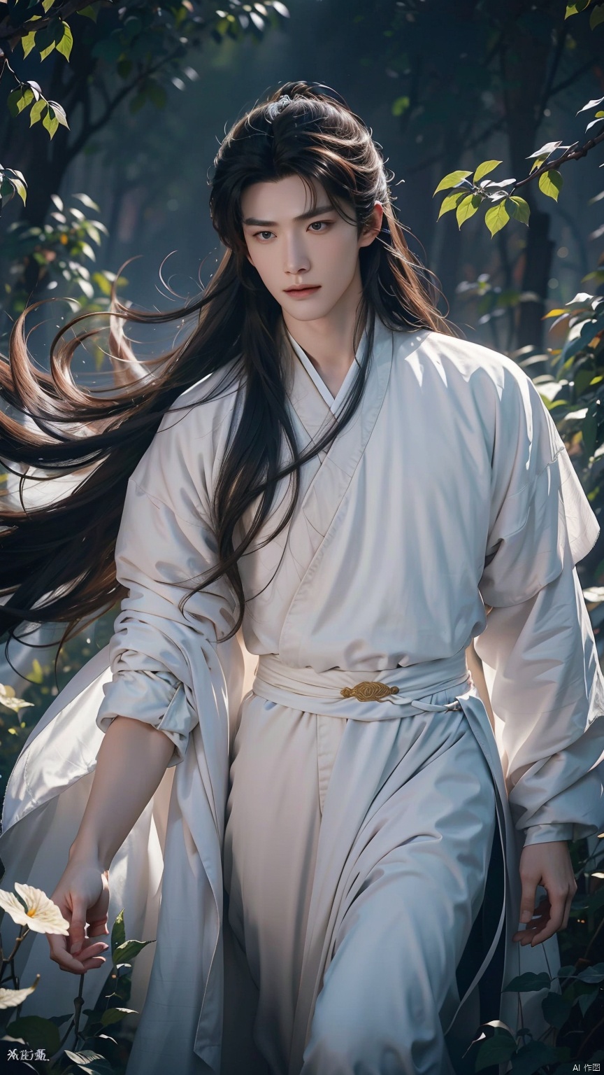 (Excellent Quality), (Vivid Story), medium shot showcasing an 18 year old handsome man with flowing long hair (1.6), clear eyes under long eyelashes, and a handsome image of a Chinese scholar (1.5). The beauty of vitality blooms in the simple and simple white scholar robe (1.4), with the wind blowing at the ends of his hair (1.3). In the backlight, the faint light between the hair strands renders the atmosphere of the story (1.2), medium shot showcasing a tall posture (1.2), with realistic camera movements, slight pushing and shaking, adding a realistic sense of interaction to the space (1.1), making the viewer feel as if they can follow him into the pen. A poetic world., Osborn