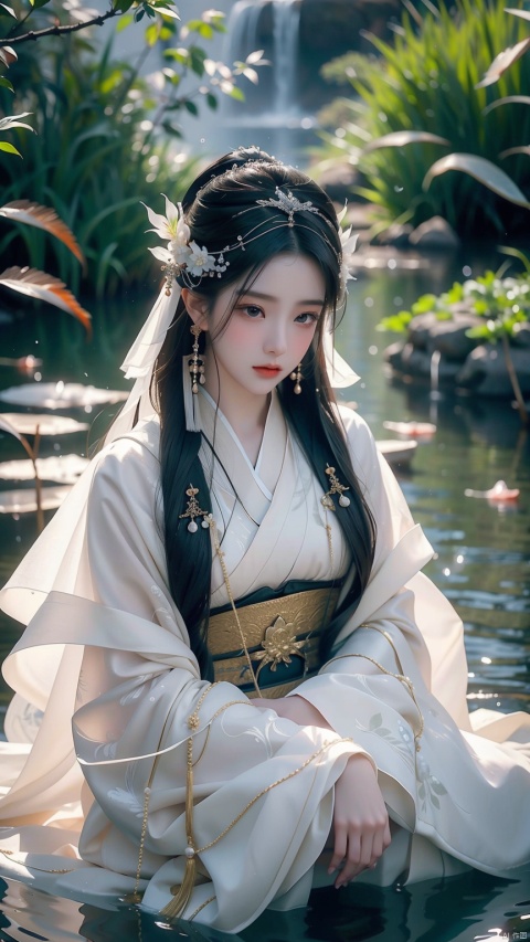 (Masterpiece), (Cinematic Texture), (Profound Artistic Conception), a beautiful ancient style illustration (1.5): In a clear water lake (1.3), a beautiful girl sits quietly underwater (1.6), dressed in gorgeous traditional costumes (1.5), swaying with the flow of the waves, surrounded by colorful koi (1.4), the girl's cloud temples lightly tied (1.2), embellished with various jewelry, gemstones, and pearls (1.1), holding a delicate hairpin (1.2), classical and beautiful (1.3), surrounded by wetlands shrouded in hazy water light, rendering a dreamy East. Aesthetics (1.3) and Chinese aesthetics (1.3) require meticulously crafted jade and stones (1.5) in details, allowing the entire picture to exude a profound storytelling in a smooth narrative like a movie (1.3)., (\yan yu\),hf_xy