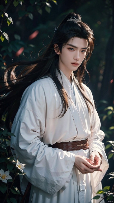 (Excellent Quality), (Vivid Story), medium shot showcasing an 18 year old handsome man with flowing long hair (1.6), clear eyes under long eyelashes, and a handsome image of a Chinese scholar (1.5). The beauty of vitality blooms in the simple and simple white scholar robe (1.4), with the wind blowing at the ends of his hair (1.3). In the backlight, the faint light between the hair strands renders the atmosphere of the story (1.2), medium shot showcasing a tall posture (1.2), with realistic camera movements, slight pushing and shaking, adding a realistic sense of interaction to the space (1.1), making the viewer feel as if they can follow him into the pen. A poetic world., Osborn