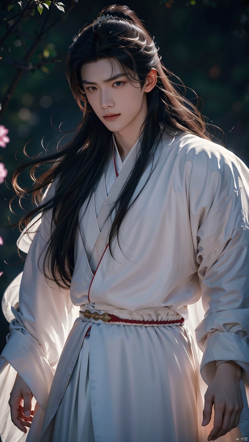 (Excellent Quality), (Vivid Story), medium shot showcasing an 18 year old handsome man with flowing long hair (1.6), clear eyes under long eyelashes, and a handsome image of a Chinese scholar (1.5). The beauty of vitality blooms in the simple and simple white scholar robe (1.4), with the wind blowing at the ends of his hair (1.3). In the backlight, the faint light between the hair strands renders the atmosphere of the story (1.2), medium shot showcasing a tall posture (1.2), with realistic camera movements, slight pushing and shaking, adding a realistic sense of interaction to the space (1.1), making the viewer feel as if they can follow him into the pen. A poetic world., Osborn