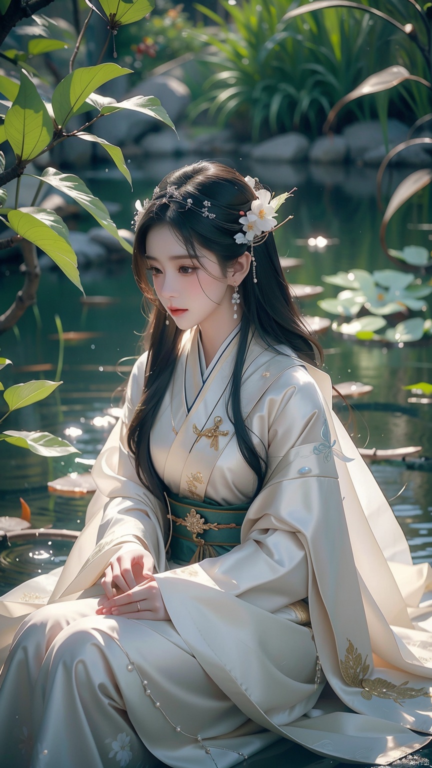 (Masterpiece), (Cinematic Texture), (Profound Artistic Conception), a beautiful ancient style illustration (1.5): In a clear water lake (1.3), a beautiful girl sits quietly underwater (1.6), dressed in gorgeous traditional costumes (1.5), swaying with the flow of the waves, surrounded by colorful koi (1.4), the girl's cloud temples lightly tied (1.2), embellished with various jewelry, gemstones, and pearls (1.1), holding a delicate hairpin (1.2), classical and beautiful (1.3), surrounded by wetlands shrouded in hazy water light, rendering a dreamy East. Aesthetics (1.3) and Chinese aesthetics (1.3) require meticulously crafted jade and stones (1.5) in details, allowing the entire picture to exude a profound storytelling in a smooth narrative like a movie (1.3)., (\yan yu\),hf_xy