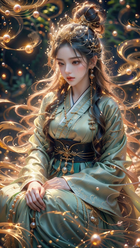 (Masterpiece), (Cinematic Texture), (Profound Artistic Conception), a beautiful ancient style illustration (1.5): In a clear water lake (1.3), a beautiful girl sits quietly underwater (1.6), dressed in gorgeous traditional costumes (1.5), swaying with the flow of the waves, surrounded by colorful koi (1.4), the girl's cloud temples lightly tied (1.2), embellished with various jewelry, gemstones, and pearls (1.1), holding a delicate hairpin (1.2), classical and beautiful (1.3), surrounded by wetlands shrouded in hazy water light, rendering a dreamy East. Aesthetics (1.3) and Chinese aesthetics (1.3) require meticulously crafted jade and stones (1.5) in details, allowing the entire picture to exude a profound storytelling in a smooth narrative like a movie (1.3)., (\yan yu\),hf_xy,流光, yue , hair ornament , hanfu