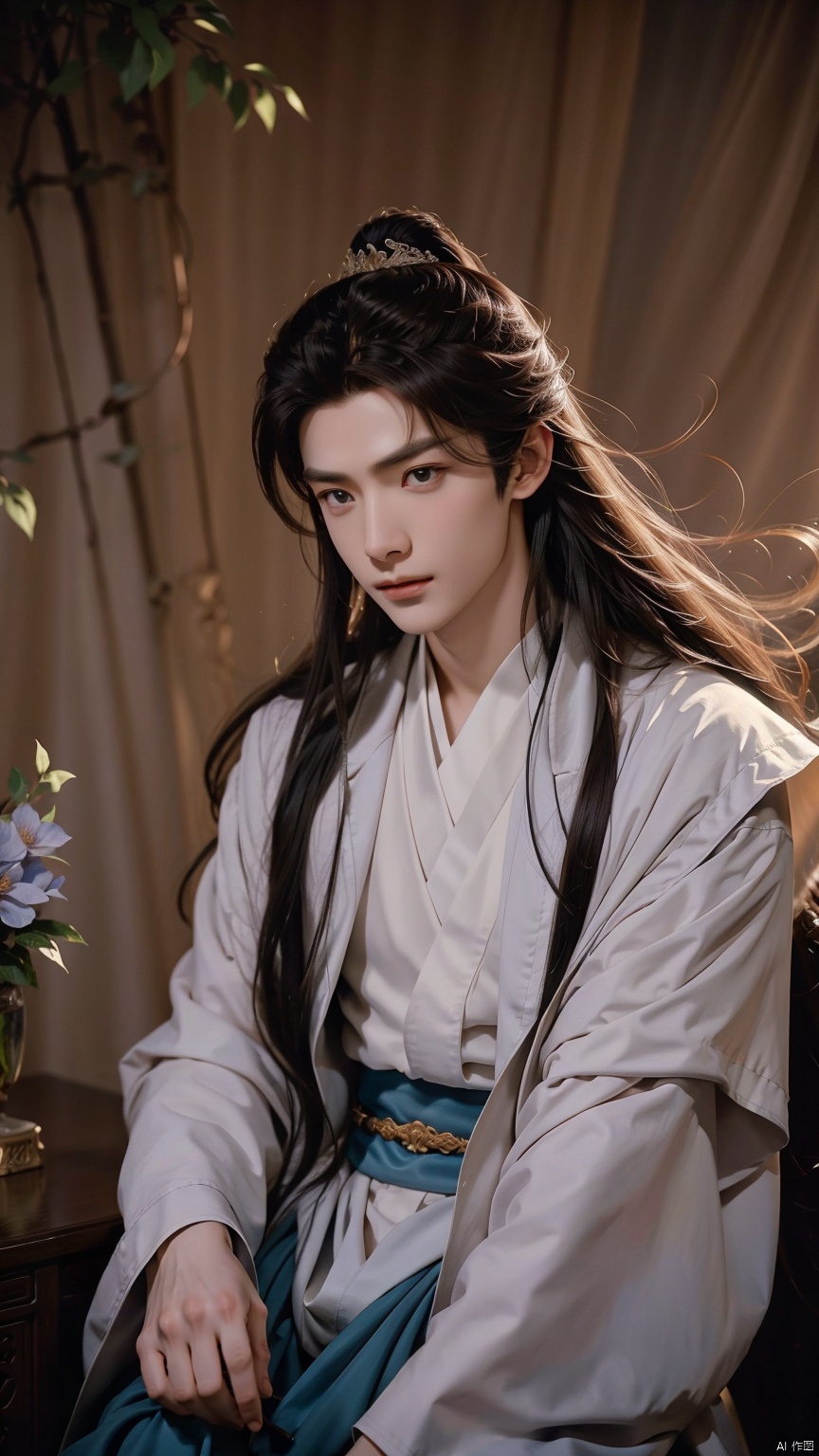 (Excellent Quality), (Vivid Story), medium shot showcasing an 18 year old handsome man with flowing long hair (1.6), clear eyes under long eyelashes, and a handsome image of a Chinese scholar (1.5). The beauty of vitality blooms in the simple and simple white scholar robe (1.4), with the wind blowing at the ends of his hair (1.3). In the backlight, the faint light between the hair strands renders the atmosphere of the story (1.2), medium shot showcasing a tall posture (1.2), with realistic camera movements, slight pushing and shaking, adding a realistic sense of interaction to the space (1.1), making the viewer feel as if they can follow him into the pen. A poetic world., Osborn