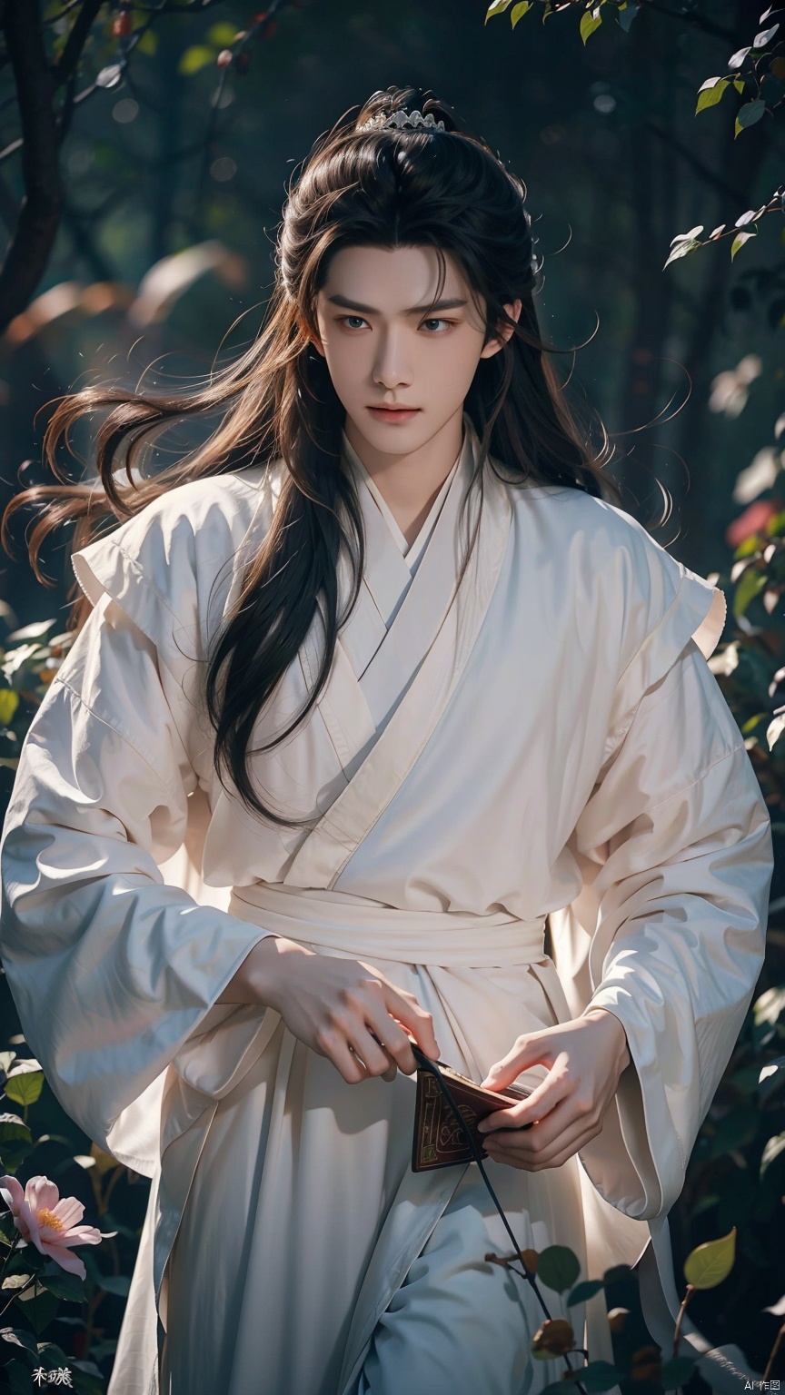 (Excellent Quality), (Vivid Story), medium shot showcasing an 18 year old handsome man with flowing long hair (1.6), clear eyes under long eyelashes, and a handsome image of a Chinese scholar (1.5). The beauty of vitality blooms in the simple and simple white scholar robe (1.4), with the wind blowing at the ends of his hair (1.3). In the backlight, the faint light between the hair strands renders the atmosphere of the story (1.2), medium shot showcasing a tall posture (1.2), with realistic camera movements, slight pushing and shaking, adding a realistic sense of interaction to the space (1.1), making the viewer feel as if they can follow him into the pen. A poetic world., Osborn