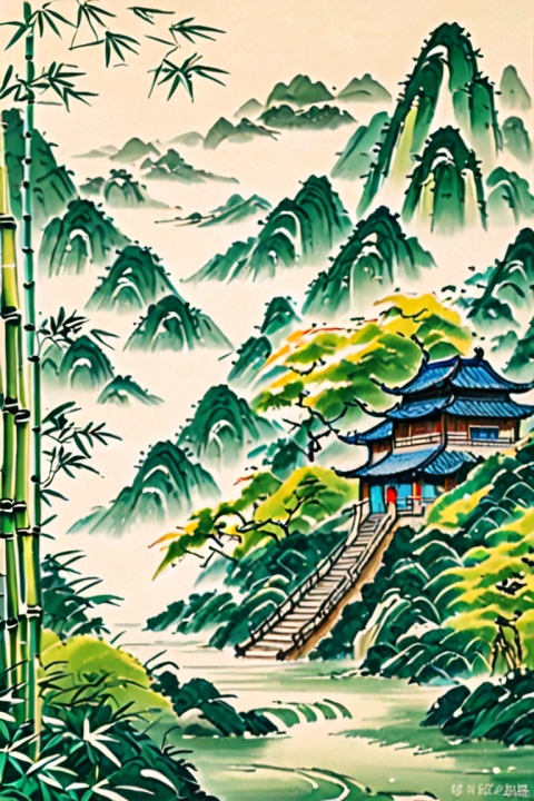  Bamboo Forest, wooden house, day, Light Green, dragon boat festival, Chinese three-dimensional landscape background, Chinese landscape painting of Song dynasty, surreal dream style of snow mountain andriversbackground,山竹春色