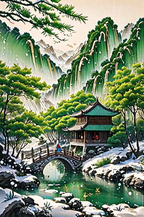  Bamboo Forest, wooden house, day, Light Green, dragon boat festival, Chinese three-dimensional landscape background, Chinese landscape painting of Song dynasty, surreal dream style of snowmountainandriversbackground,山竹春色,山水如画