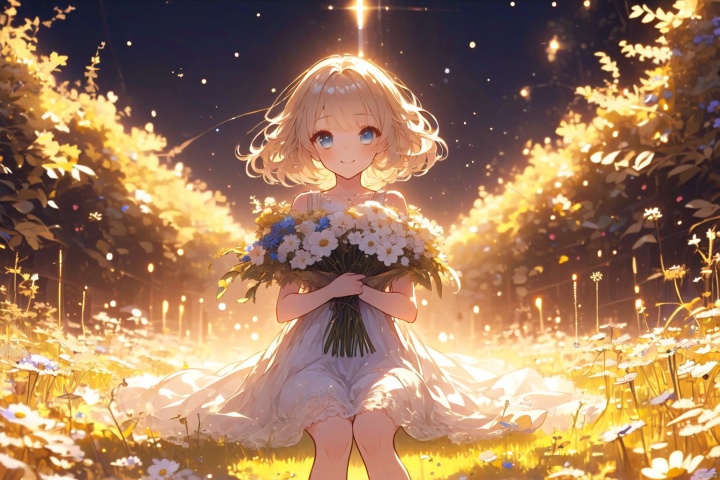  1 girl,  in a white dress, holding a bouquet of flowers, short hair, sitting on the grass, all over, happy,smile,lridescence,happy cute girl,color shining stars,,beauty,Delicate features,sunshine positive,,delicacy, ((poakl)), (\shen ming shao nv\)
