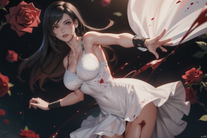 (masterpiece:1.2),best quality,masterpiece,highres,original,extremely detailed wallpaper,perfect lighting,(extremely detailed CG:1.2),drawing,1girl,floating|black hair,(white_dress:1.2),(blood:1.3),bandage,glowing|red eyes,masterpiece,best quality,(rose:1.3),dynamic pose,dynamic angle, tifa,