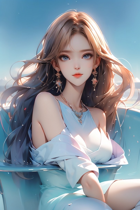  best quality,HDR,UHD,8K,anime,huge breasts,(floating hair:1.5)Vivid Colors,solo,dress,shinyclothes,upper body,(1girl:1.5),(sitting:1.3),front view,soft light,(looking at viewer:1.6),Elegant,detailed gorgeous face,(bathtub background:1.1),white thighhighs,rainbow,sky,
