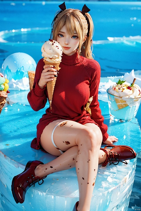(girl_in _ice cream:1.3),1girl,petite,lots_of_ice_cream,thighhighs,red sweater dress,
(full _body:1.25),((sitting on ice cream cup: 1.3)),(big ice cream cup: 1.5),huge breasts,((ice_cream:1.3)),((ice_cream on face)),ice cream cone,(ice_cream on legs),ice_cream on breasts,little smile, arms out,