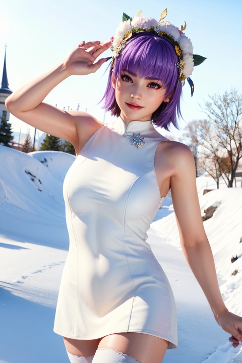 masterpiece,highres,1girl,solo,purple eyes,sfw,smile,thighhighs,((beautiful Dress+stocking):1.25),((flower headdress:1.45)),((white theme:1.5)),snow,outdoors,snowflakes,sleeveless,3D graphics,looking_at_viewer,dynamic pose,dynamic angle, nyotengu, ayane