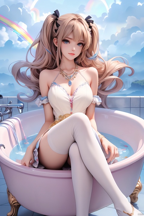  best quality,HDR,UHD,8K,anime,huge breasts,(floating hair:1.4)Vivid Colors,solo,dress,shinyclothes,medium-shot,(1girl:1.5),(sitting:1.3),front view,soft light,(looking at viewer:1.6),Elegant,detailed gorgeous face,(bathtub background:1.1),white thighhighs,rainbow,sky,