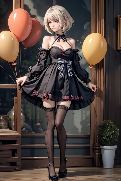 masterpiece, best quality, masterpiece,best
quality, 1girl, balloon, bangs, bare _shoulders,
Green_eyes, bow, breasts, cleavage,
detached _sleeves, dress, full body, short_hair, bolnd hair, long_sleeves, looking_at_viewer, medium_breasts,
solo, striped, striped_bow, striped_legwear,
thighhighs, vertical-striped_legwear,
vertical stripes,