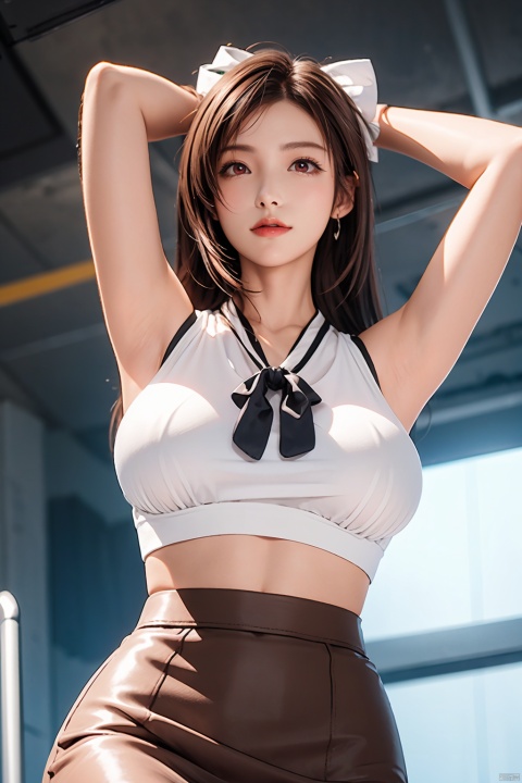  yebin, 1girl, solo, skirt, brown hair, underwear, red eyes, shirt, sleeveless,(from below),low angle shto,bra visible through clothes,huge breasts, white shirt,(bow),(bent over),black pantyhose, looking at viewer, id card, sleeveless shirt, see-through, lips, high-waist skirt, office lady, indoors, striped, armpits, pencil skirt, blurry background, arms up, blurry,depth of field,