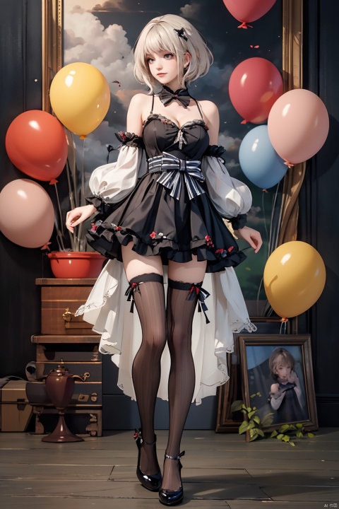 masterpiece, best quality, masterpiece,best
quality, 1girl, balloon, bangs, bare _shoulders,
Green_eyes, bow, breasts, cleavage,
detached _sleeves, dress, full body, short_hair, bolnd hair, long_sleeves, looking_at_viewer, medium_breasts,
solo, striped, striped_bow, striped_legwear,
thighhighs, vertical-striped_legwear,
vertical stripes,