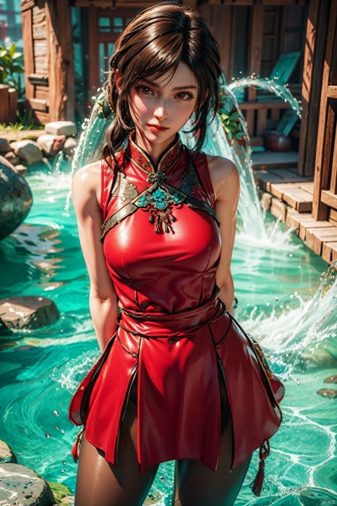 yushui,1girl,water,chinese clothes,red dress,cowboy_shot,dynamic pose,looking_at_viewer,pantyhose,arms behind back, tifa,3D graphics,