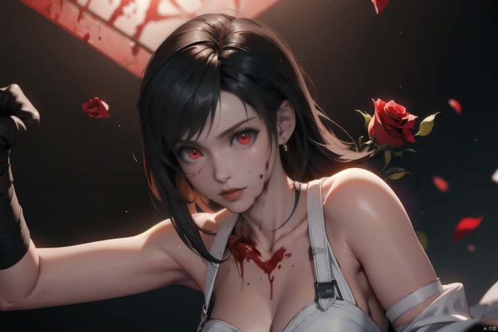 (masterpiece:1.2),best quality,masterpiece,highres,original,extremely detailed wallpaper,perfect lighting,(extremely detailed CG:1.2),drawing,1girl,floating|black hair,(white_dress:1.2),(blood:1.3),bandage,glowing|red eyes,masterpiece,best quality,(rose:1.3),dynamic pose,dynamic angle, tifa,