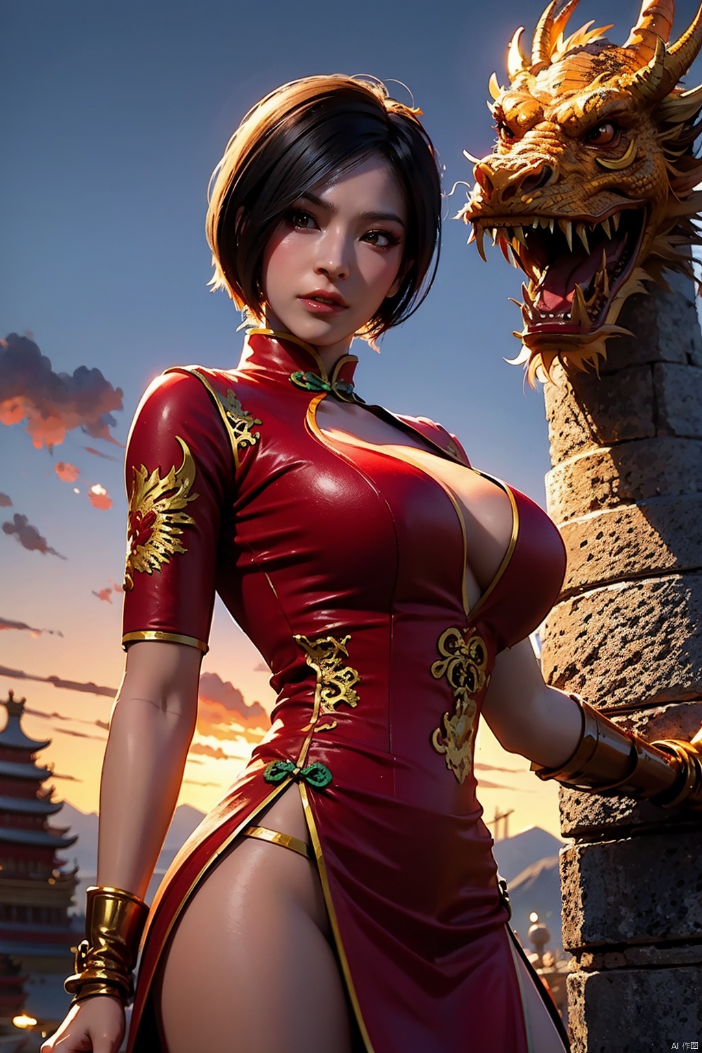 (龙年, two zero two four New Year,1girl, Dragon, Oriental Dragon, ), tifa,solo,red eyes,chinese dress,china dress,cowboy_shot,dynamic pose,looking_at_viewer, ada wong